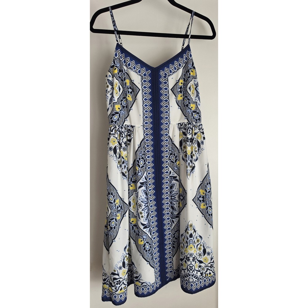 Banana Republic Mini Dress Size 4 Boho Floral Paisley White Blue Sleeveless Tile